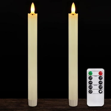2 Pcs Real Wax Made Flameless Taper Candles with Remote and Timer, 9.6" Ivory Battery Operated Candle Stick Flickering, Led Taper Candles with Lifelike Flame for Christmas Day Indoor Decor.