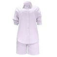 thumbnail image 4 of RMGVDSD Womens 2 Piece Outfits Summer Cotton Linen Shirt Long Sleeve Tops And Elastic Waist Shorts Two Piece Set Comfy Relaxed Fit Tracksuits, 4 of 5