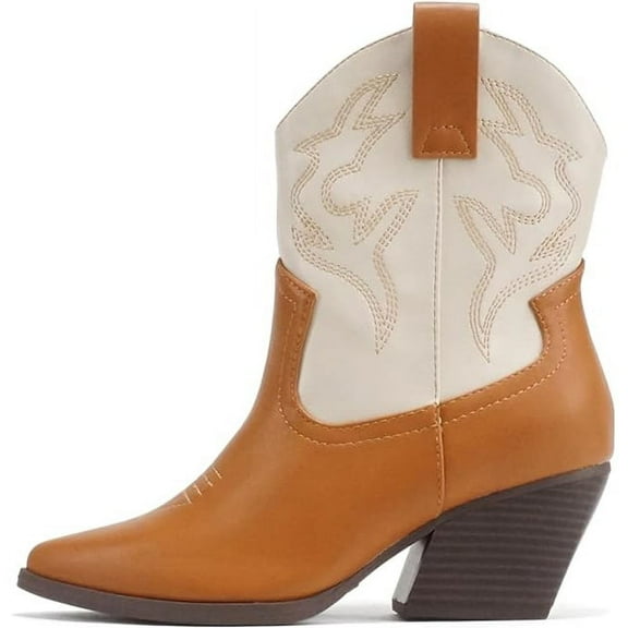 Soda “BLAZING” Women's Western Ankle Boots, Stitched, Pointed Toe, Low Heel - Dark Blonde / Bone - Size 7