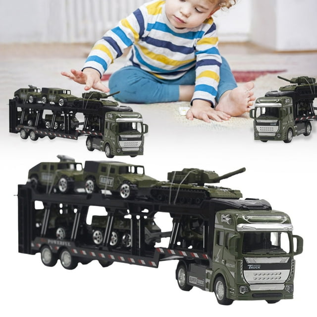 Model With 6 Mini Tanks Model 1:48 Scale Diecast Alloy Detachable Pull Back Toy Green Simulation Vehicle Container Truck Toy Kids Toy Gift
