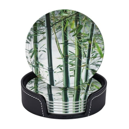 

Bamboo Branches Pictures Coasters With Leather Holder Set Of 6 Round Coasters for Home and Kitchen Decor
