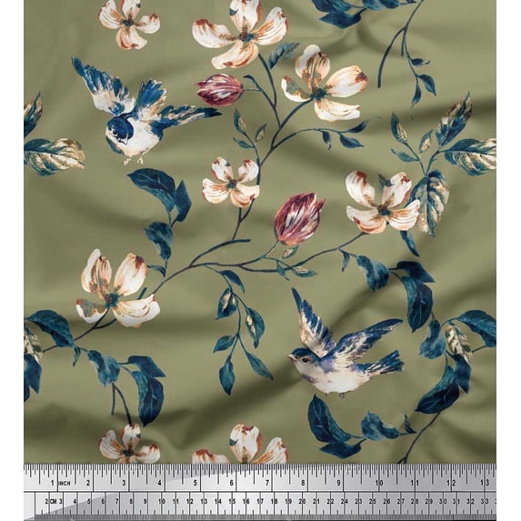 Soimoi Rayon Fabric Robin,Leaves & Wildflower Floral Printed Fabric 1 Yard 56 Inch Wide