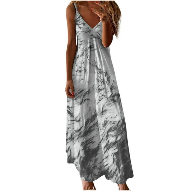 Besolor Robes d'Été pour Femmes Tendance Imprimée Col en V Bretelles Spaghetti Robe de Plage Décontractée Fluide Maxi