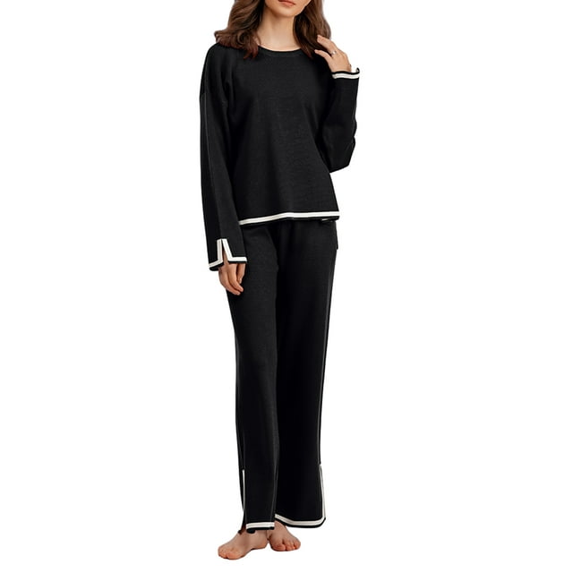 Fortune 2Pcs Women Knit Clothes Contrast Color Long Sleeve Loose Sweater + Wide Leg Pants Fall Lounge Set