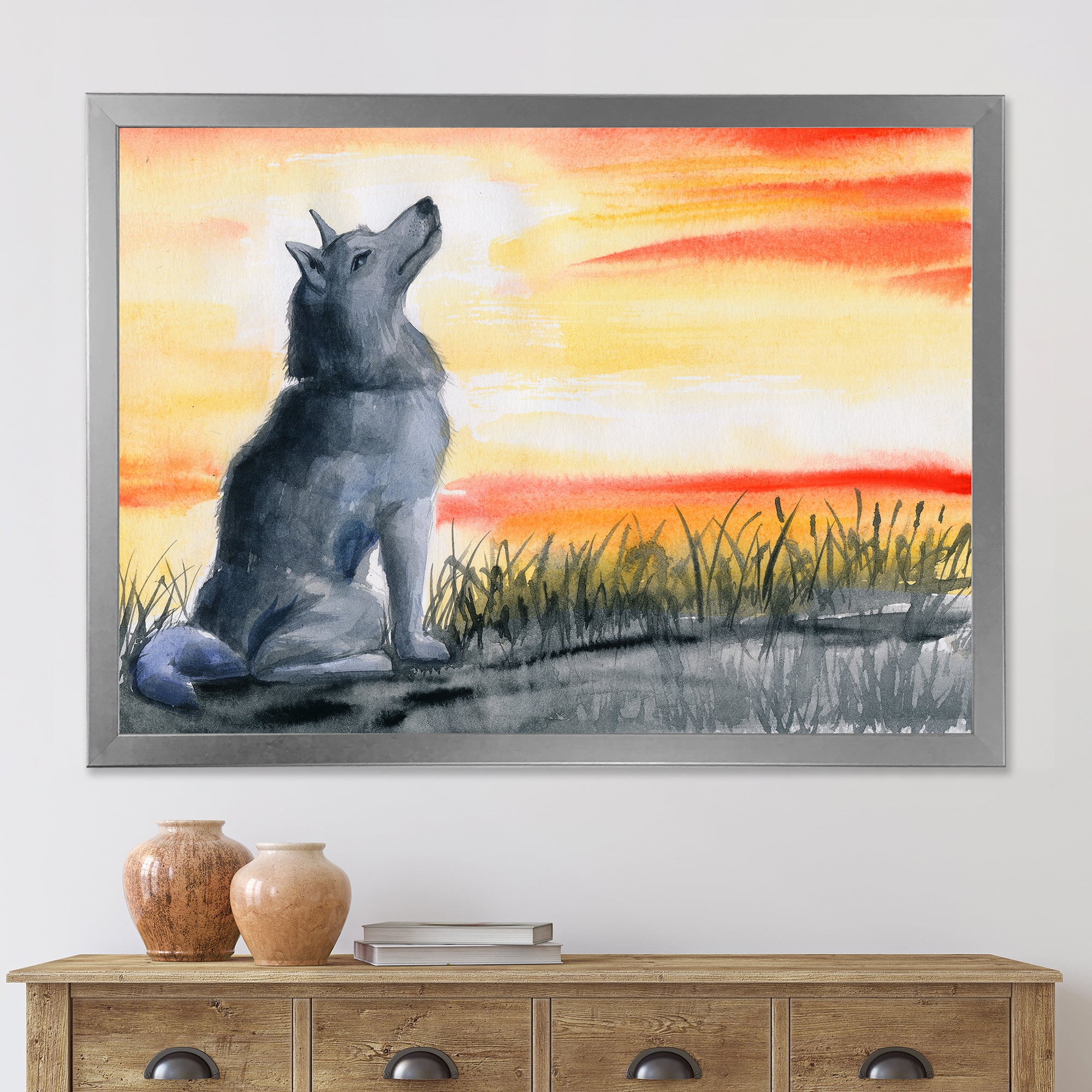 Designart 'Portrait Of Grey Wolf Howling At The Moon' Traditional Framed Art Print