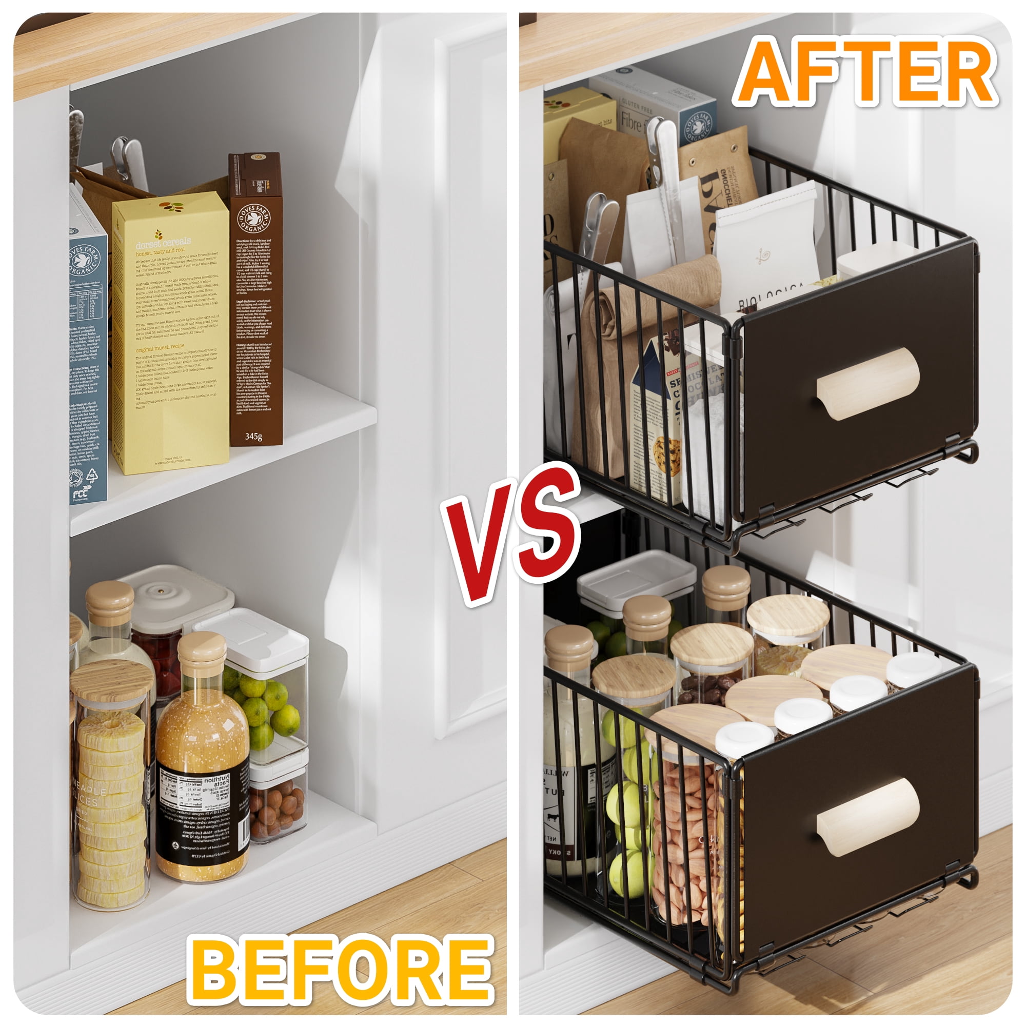 Bemico 2 Pack Pull Out Cabinet Organizer, No Drill Slide Out Pantry Shelves Drawers with Handle for Kitchen, Cupboard, Bathroom, Pantry, Sink, 15.75"Dx9.45"Wx6.69"