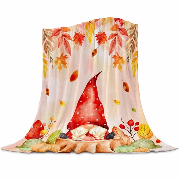 Thanksgiving Fall Flannel Blanket for Bed,Travel and Camping, Pumpkin Dwarf Maple Leaves Watercolor Super Soft Cozy Blanket for All Seasons 32"x48"