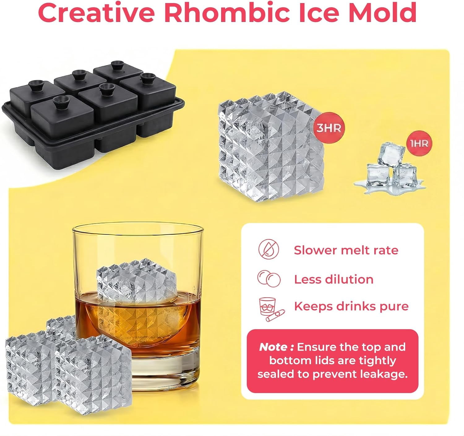 Large Ice Cube Tray with Lid 2inch,Reusable Ice Cube Trays for Freezer,Food-Grade Silicone Ice Trays for Freezer Cube Molds for Cocktail,Whiskey,Meal Prep,Stackable Flexible Icetray (Rhomboid Square)