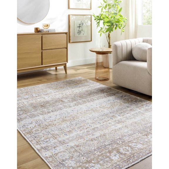 Livabliss Washable Rugs for Living Room, 5x7 Amelie Traditional Beige Area Rug, Bedroom Dining Room Home Decor Stain Resistant Carpet (5'3" x 7'3")