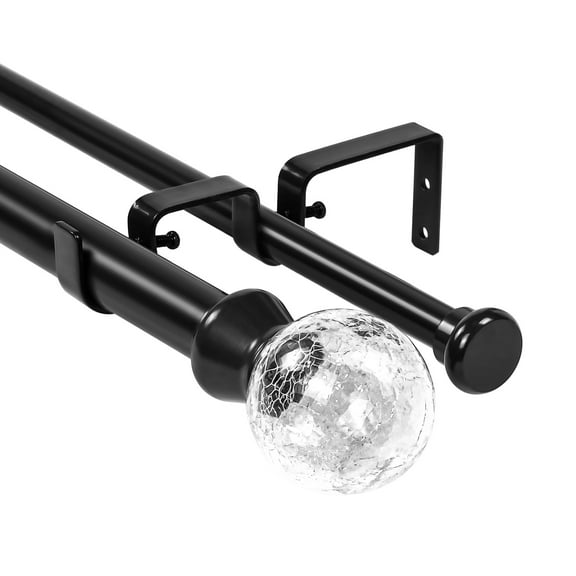Urbanest Crackle Glass Flat Button 1" 5/8" Double Drapery Curtain Window Rod Set - 28" to 48", Black