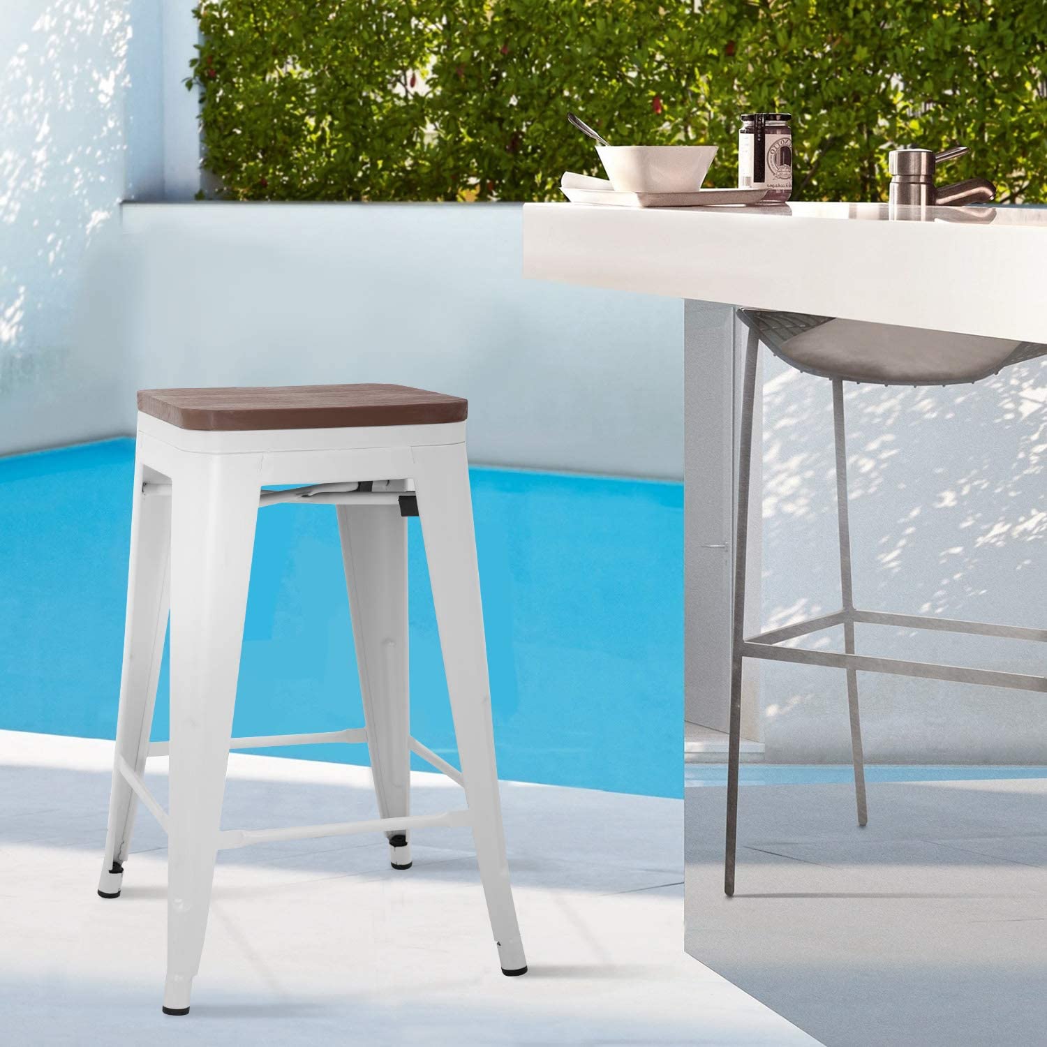 24 Inches Metal Bar Stools Set of 4 Counter Height Wood Seat Barstool Patio Stool Stackable Backless Stool Indoor Outdoor Metal Kitchen Stools Bar Chairs (White) - image 3 of 7