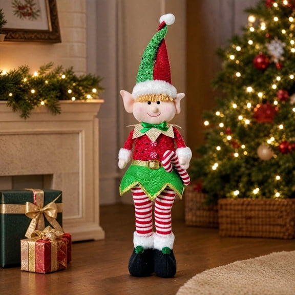 Plumora Christmas Standing Elf Doll with Light - Cute Plushies for Shelf Display, Stuffed Animal Holiday Decor, Retractable