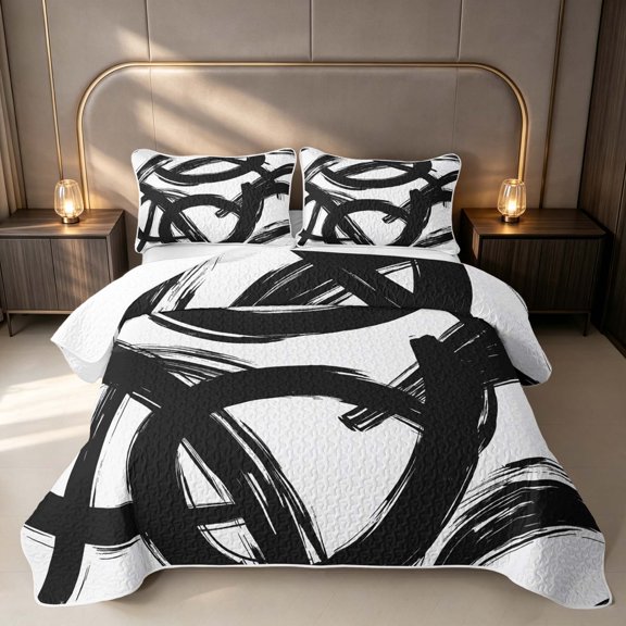 Erosebridal Geometric Lines Twin Quilt Set, White Black Twin Coverlet Set, Black Reversible 2pcs 1 Bedspread and 1 Pillowcase