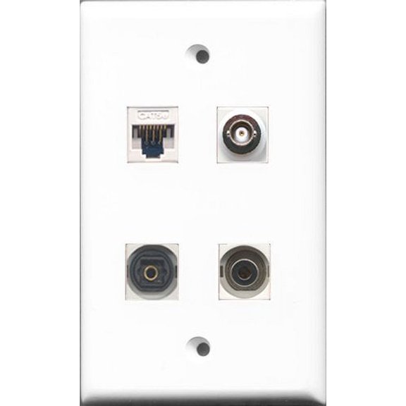 RiteAV - 1 Port Toslink and 1 Port 3.5mm and 1 Port BNC and 1 Port Cat5e Ethernet White Wall Plate