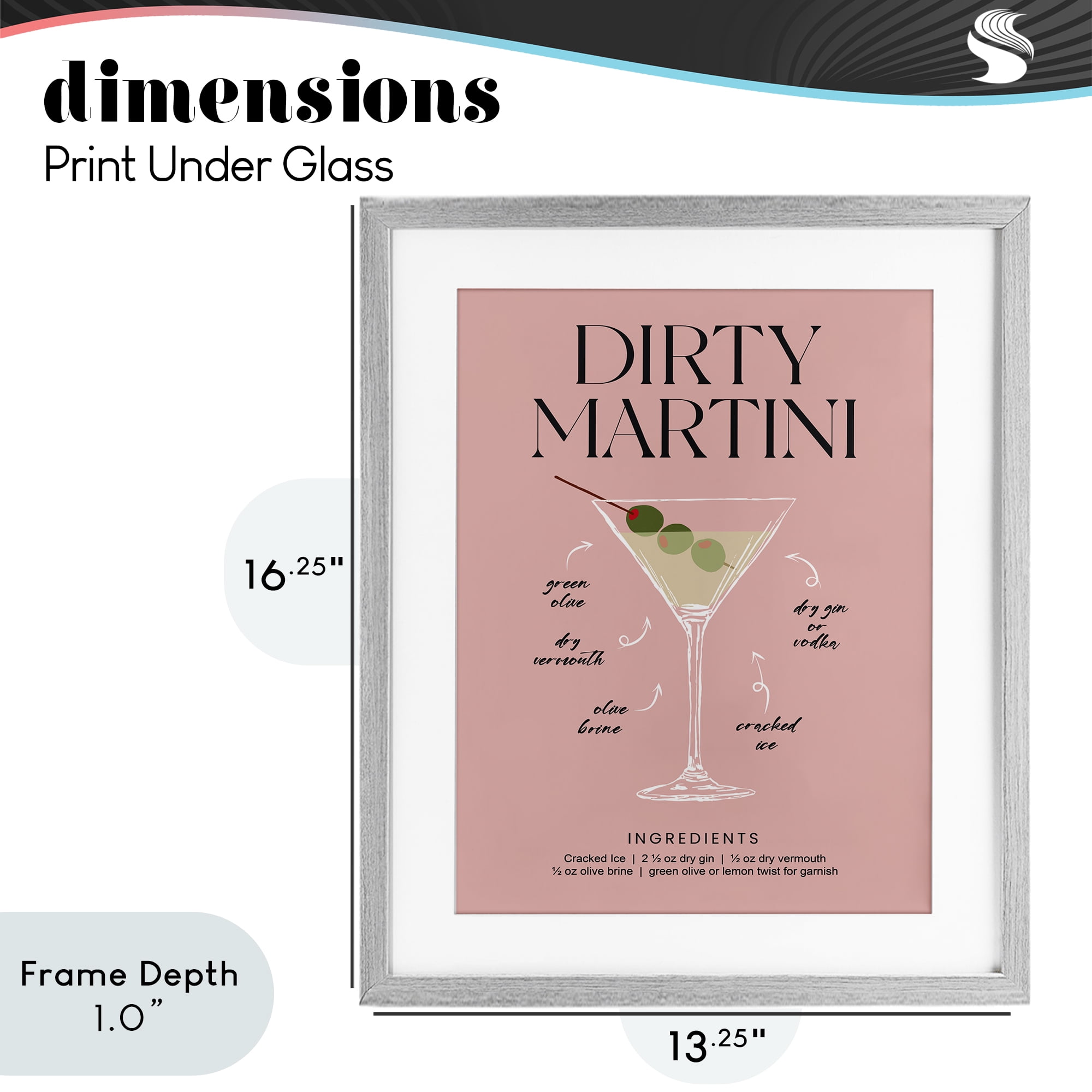 Stupell Industries Dirty Martini Pink Recipe Gray Framed Print Under Glass, design by Lettered and Lined