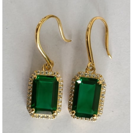 Silver Shop 14K Yellow Gold Finish Silver Green CZ Hook Earrings
