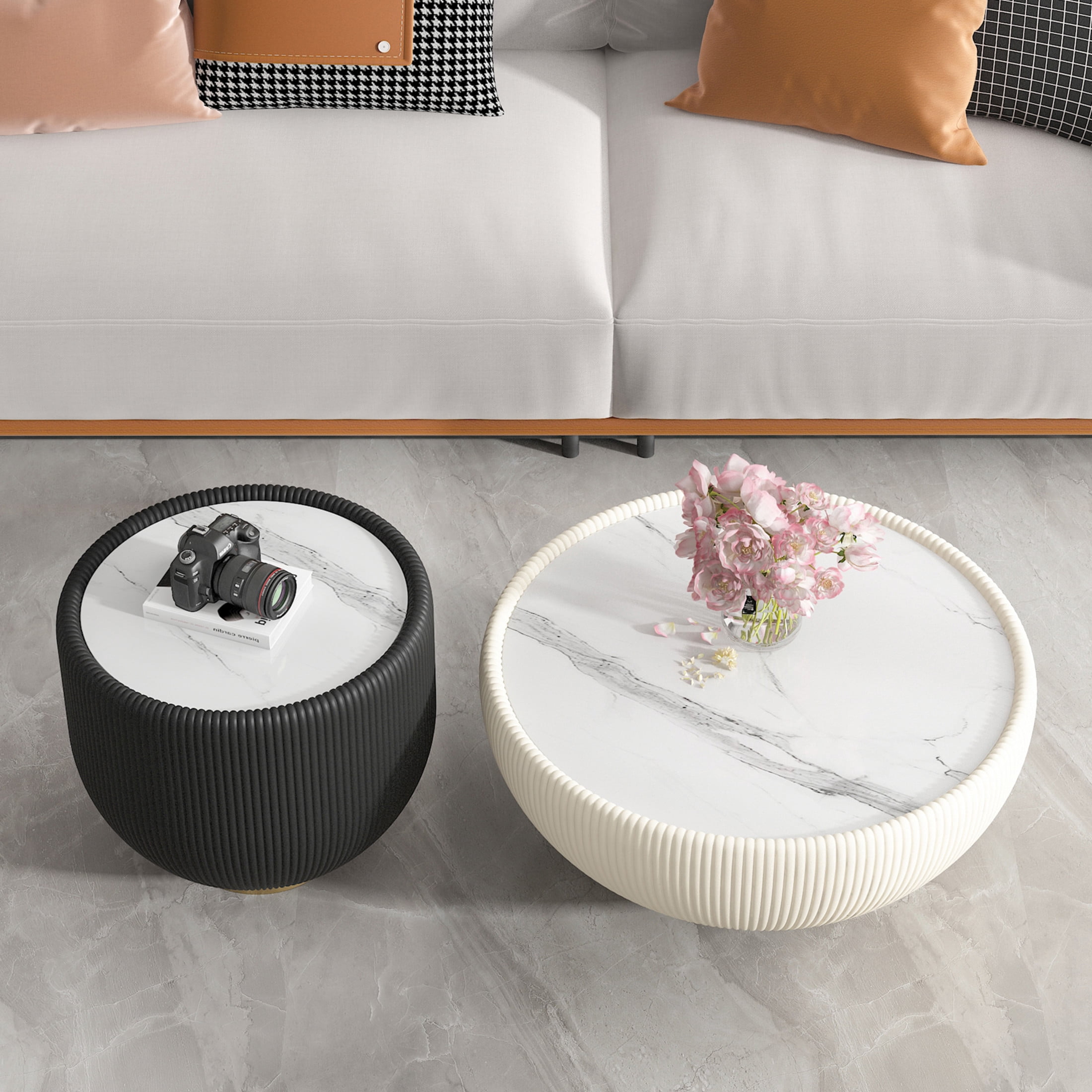 Noble House Mavora Round Marble Side Table with PU Leather Edge and Metal Base, Luxury Coffee Table, Gold & Black