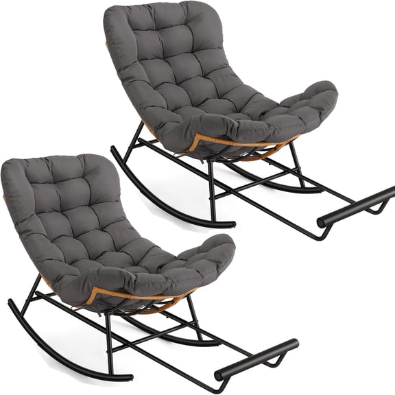 2Pcs Papasan Rocking Chair with Foot Rest, Oversized Papasan Chair with Thick Removable Cushion and Metal Frame, Lounge Chairs and PE Rattan Rocker for Patio, Porch, Garden, Lawn, Living Room