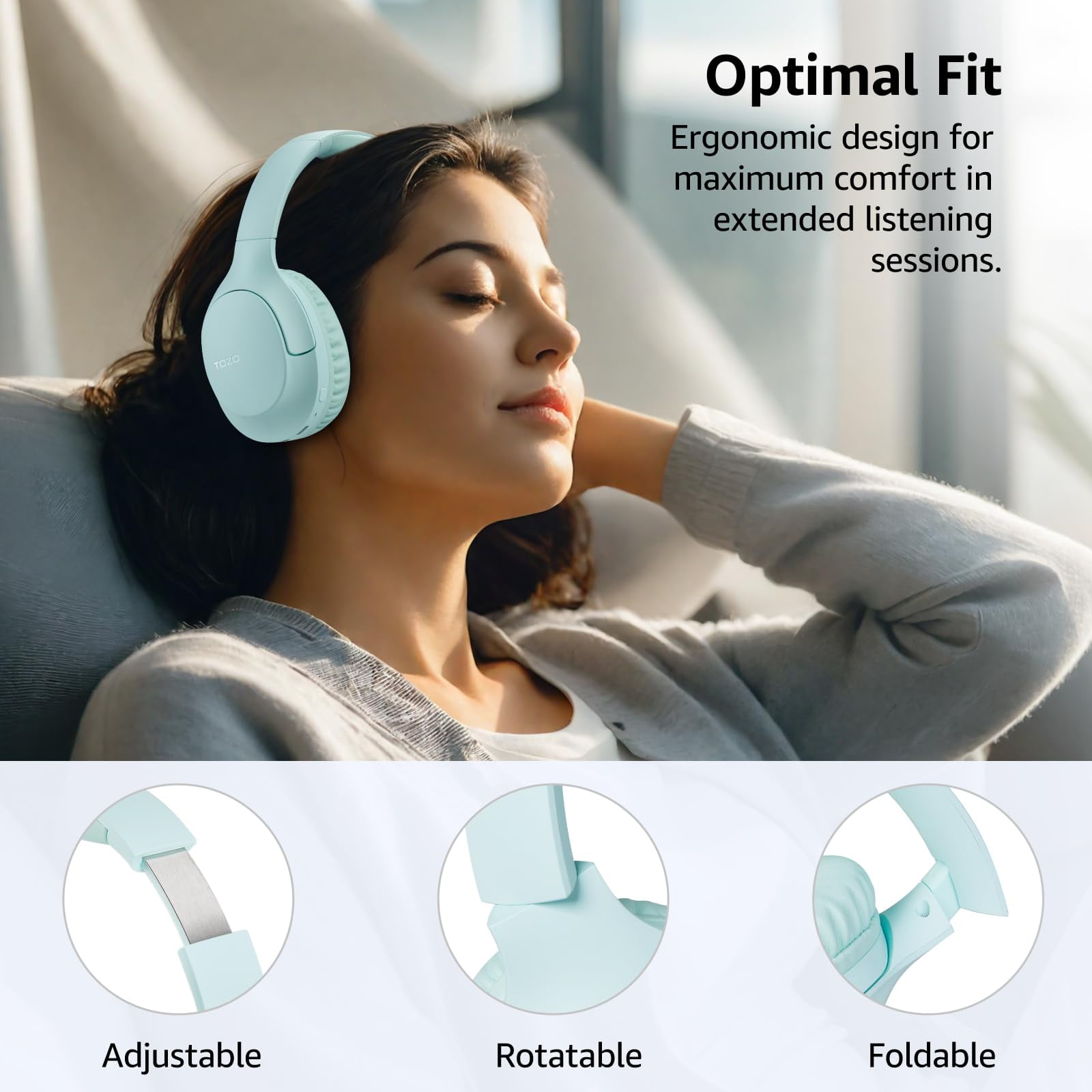 TOZO Upgraded Bluetooth 5.4 Over Ear Headphones, ENC Call Noise Cancelling Mic, Foldable Wireless Headset, 70H Playback, Deep Bass Stereo Sound, Customizable EQ via Button & App, for Travel and Home