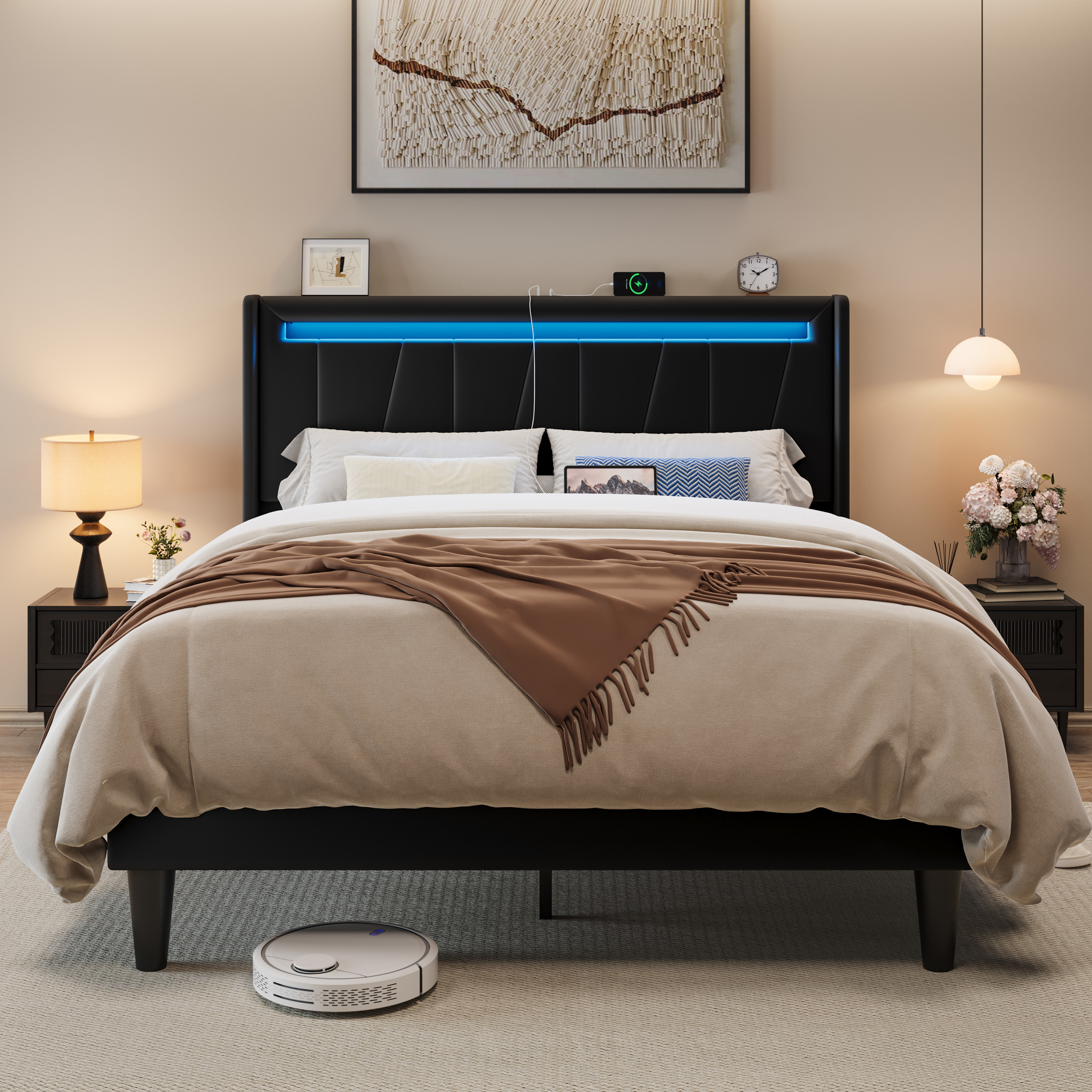 Allewie Full Size LED Bed Frame with Charging Station, Velvet Upholstered Platform Bed with Geometric Wingback Headboard, Black
