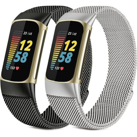 SURJDE 2 Pack Bands Compatible with Fitbit Charge 5 Bands for Women Men, Stainless Steel Mesh Loop Adjustable Magnetic Metal Strap Replacement Wristband for Fitbit Charge 5 Advanced Fitness &