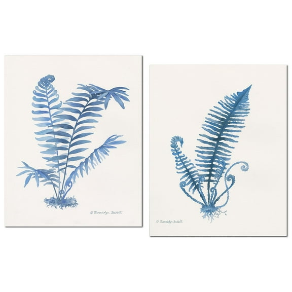Lovely Watercolor-Style Indigo Fern Botanical Prints; Two 11x14in Poster Prints