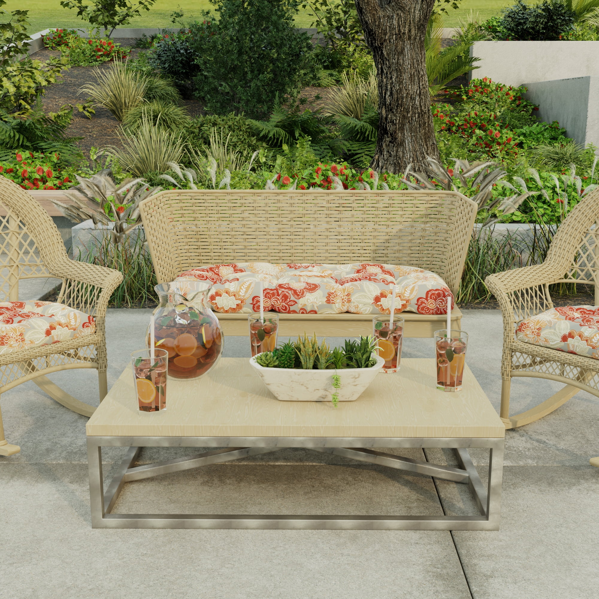 Jordan Manufacturing 44" x 18" Anita Scorn Grey Floral Rectangular Tufted Contoured Outdoor Wicker Settee Bench Cushion