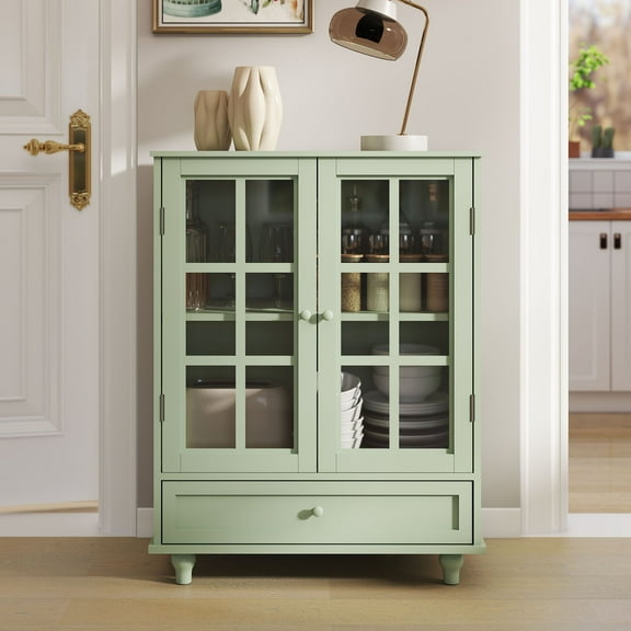 Green Buffet Cabinet with Double Glass Doors and Adjustable Shelves Ideal for Living Room & Dining Room