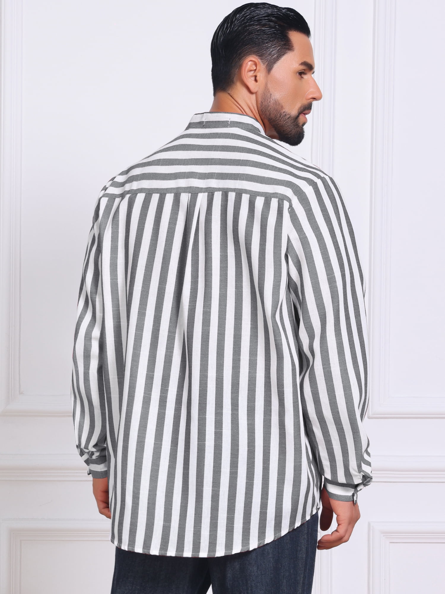 DARING DIVA Men's Striped Stand Collar Long Sleeve Button Down Shirt XL Black