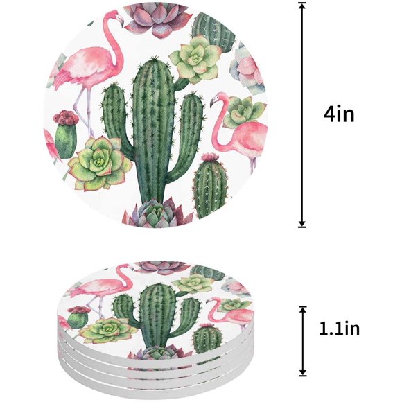 POGLIP Tropical Flamingo Cactus Set of 4 Round Coaster for Drinks, Absorbent Ceramic Stone Coasters Cup Mat with Cork Base for Home Kitchen Room Coffee Table Bar Decor
