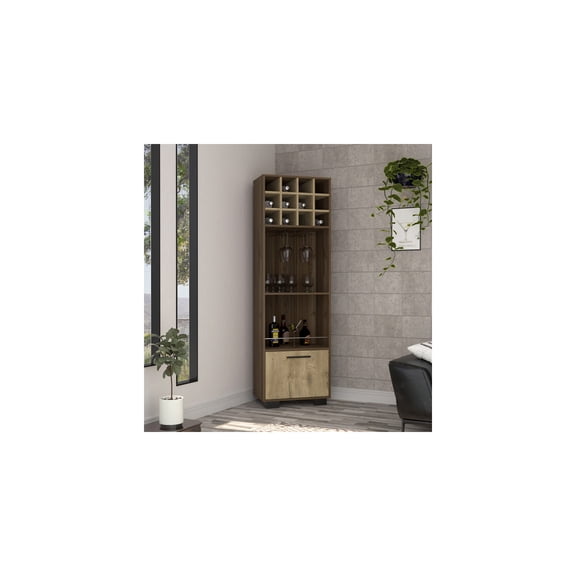 Baroque Bliss Corner Bar Cabinet with Twelve Built-in Wine Racks and Two Side Shelves 70.87" W x 23.74" D x 21.85" H Mahogany Oak