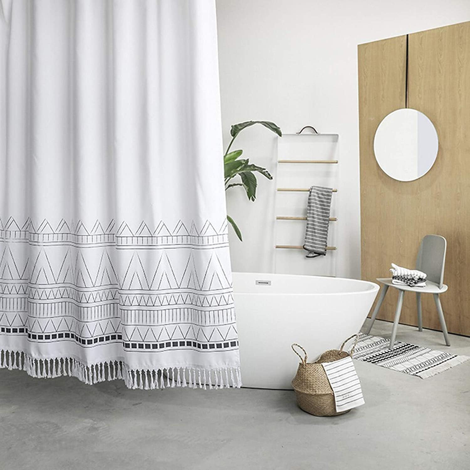 12 Hooks Shower Curtain Decor Set Wooden Board Decorative Pattern Bath Curtains 