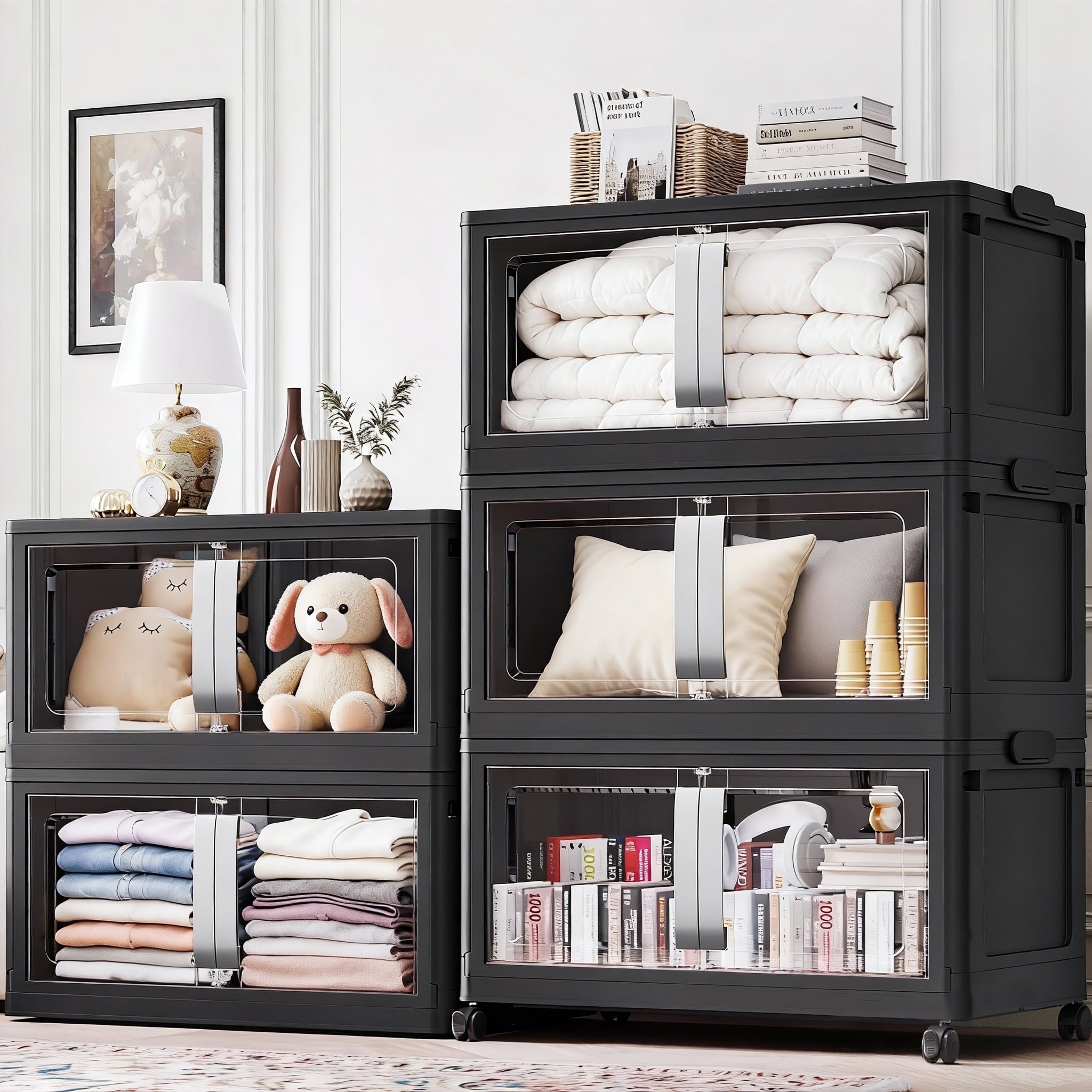 Broview 480Qt Large Stackable Storage Bins with Lids, Plastic Closet Organizers Storage Drawer with Wheels Doors, Toy Clothes Storage Box, Black V70