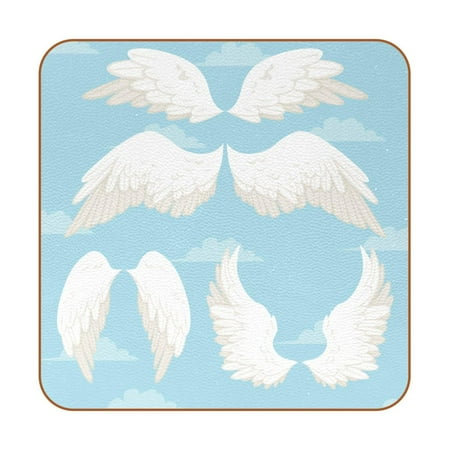 

OWNTA Wings Angels Blue Sky Cloud Pattern Premium 6-Piece Square Coaster Set in Microfiber Leather - Non-Slip & Absorbent Cup Mats