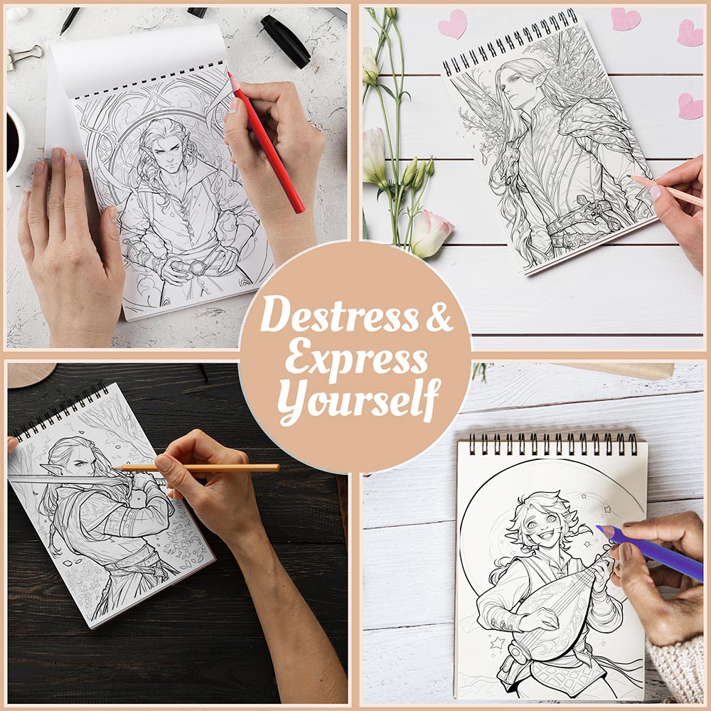 Netecom Handsome Male Elves Coloring Book Spiral Bound for Adults, A5 Wooden Cover, 30 Charming Coloring Pages of Elf Men for Stress Relief and Relaxation