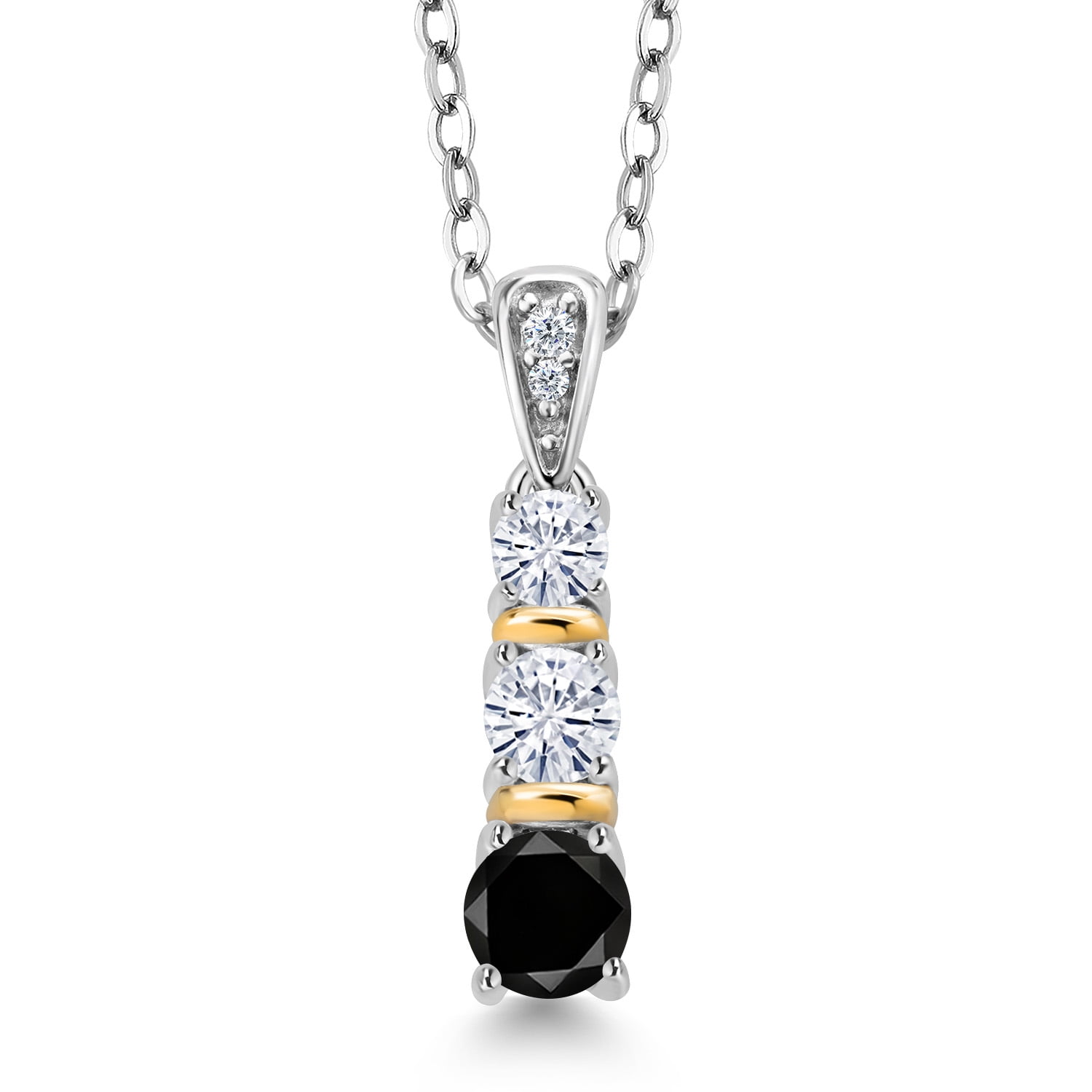 Gem Stone King 925 Silver and 10K Yellow Gold Round Black Diamond and White Moissanite Pendant Necklace for Women (0.53 Cttw, Gemstone April Birthstone, with 18 inch Chain)