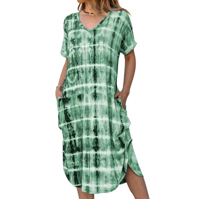 Robe Longue à Manches Courtes pour Femmes Décontractée avec Poches Tunique Col en V Imprimée Robe Chemise d'Été Plage Boho