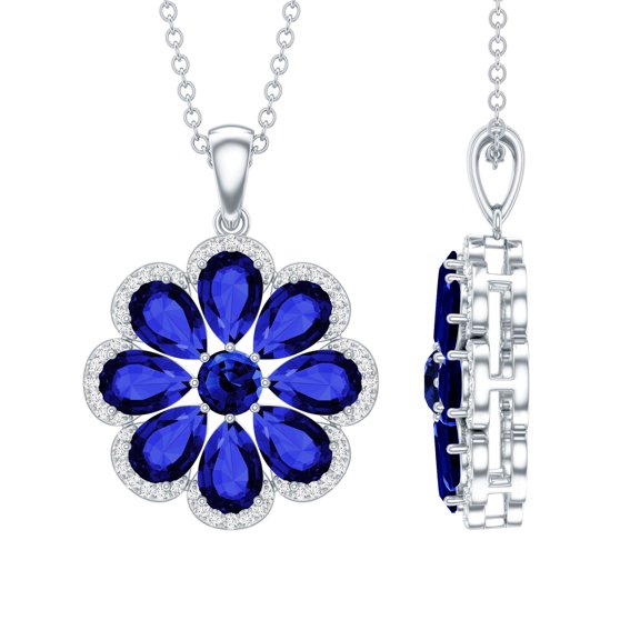 Rosec Jewels Certified Lab Grown Blue Sapphire Flower Pendant Necklace (AAAA Quality) - with Chain - Ready to Gift for Women, 925 Sterling Silver