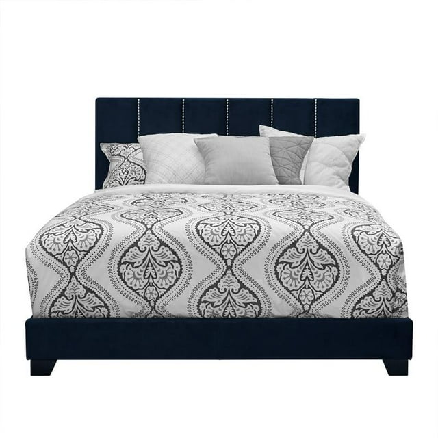 Home Fare Vertical Channel Upholstered Queen Bed in Navy Blue