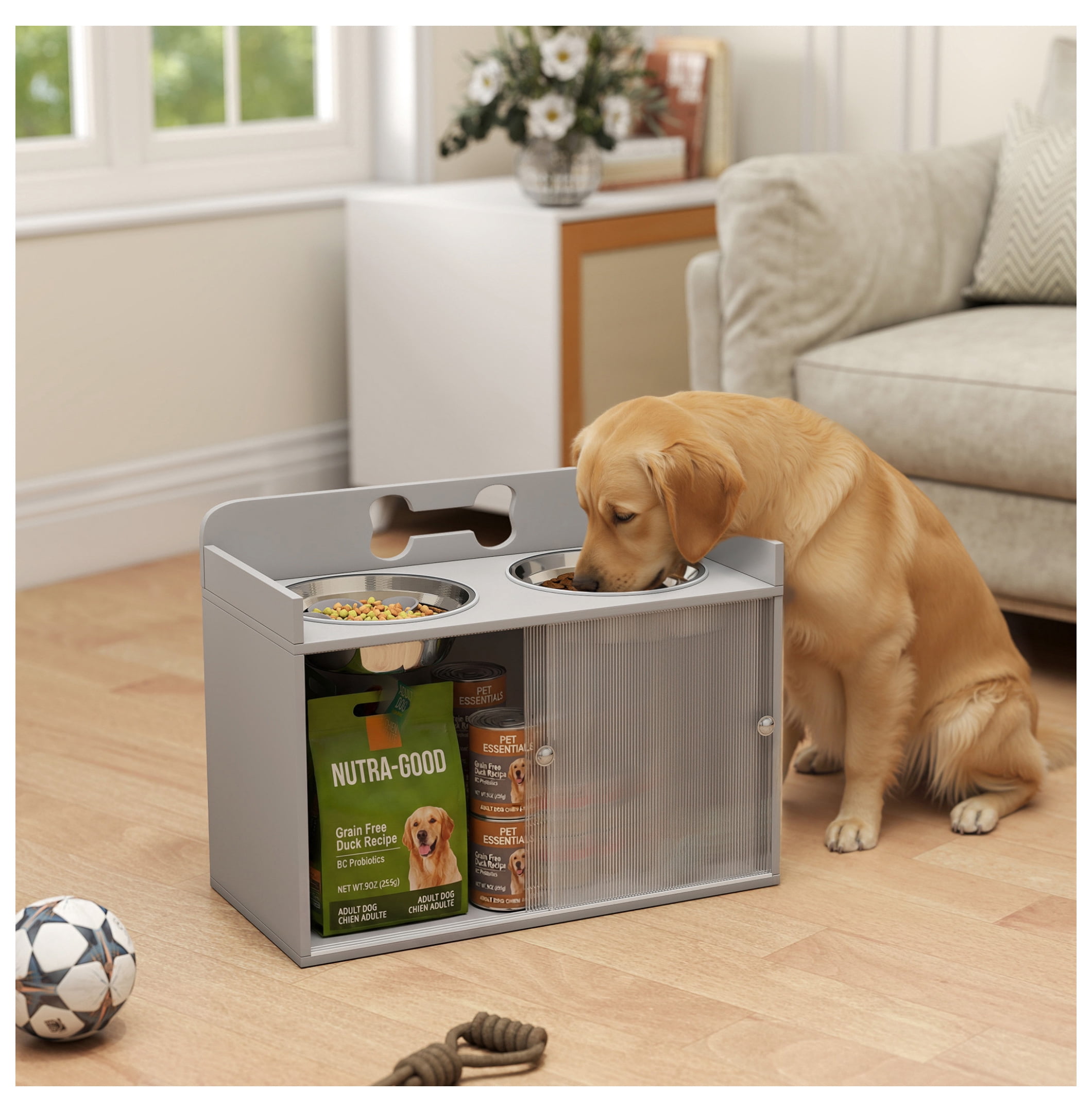 Raised Dog Bowls with Storage, Elevated Dog Feeder Stand with 2 Stainless Steel Bowls for Large Dogs, Gray - Ergonomic & Stable Pet Bowl Organizer