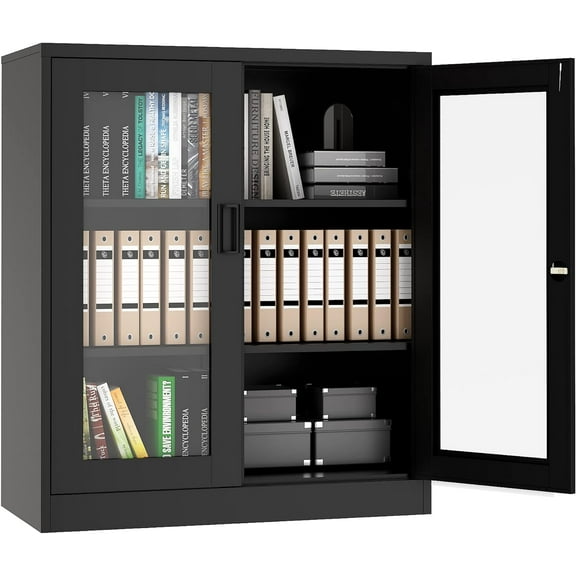 Letaya Storage Cabinet,36" Steel Locker, Lockable Glass Door,2 Adjustable Shelf Organizer Pantry for Office File,Home (36"-Black)