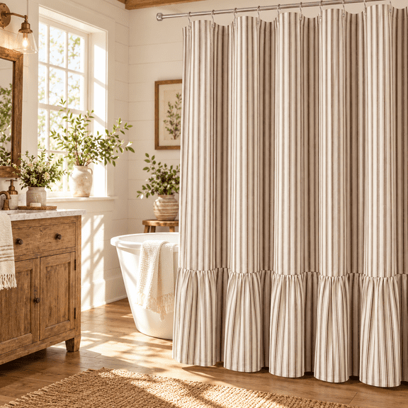 Brown Striped Farmhouse Shower Curtain with Ruffle Hem, 72 x 72 Inch Linen Textured Rustic Shower Curtain for Bathroom, Vintage Country Cottage Style, Brown and Cream
