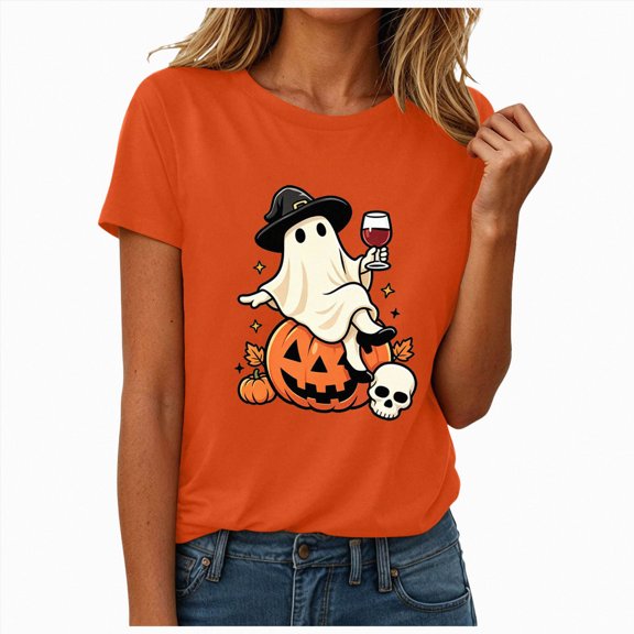 NOLDARES Halloween Shirts for Women Pumpkin Cat Graphic Tees Fall Crewneck Short Sleeve Costumes Autumn Party Graphic T-Shirt(Orange,S)