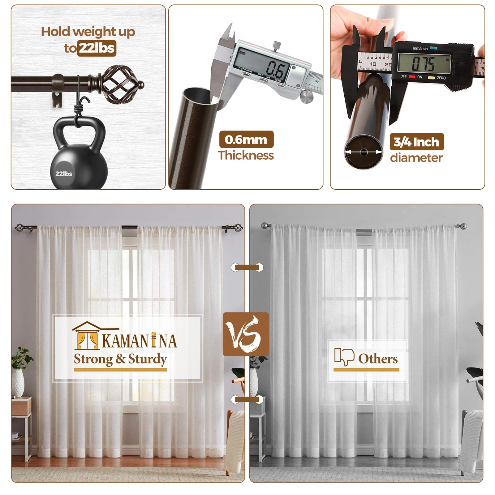 KAMANINA 3/4" Adjustable Single Curtain Rod with Twist Cage Finial, 48 - 84", Bronze