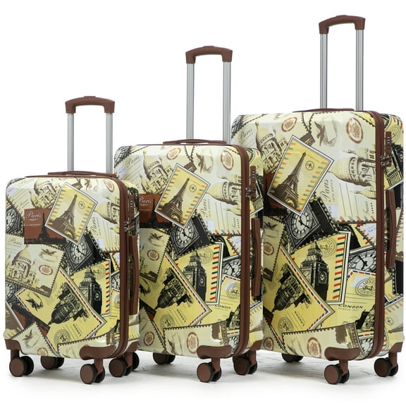 JERFIT 3-Piece PC Hardshell Spinner Luggage Set with TSA Lock, Vintage City Print, 20/24/28 Inch Carry On Suitcases