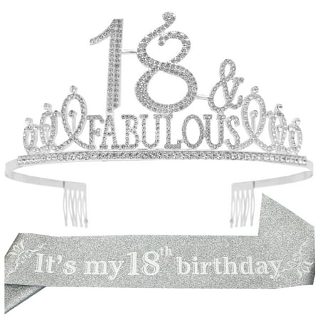 EBE EmmasbyEmma 18th Birthday Sash and Tiara for Women – Fabulous Set: Glitter Sash + Fabulous Rhinestone Silver Premium Metal Tiara 18th Birthday Gifts for Women Party