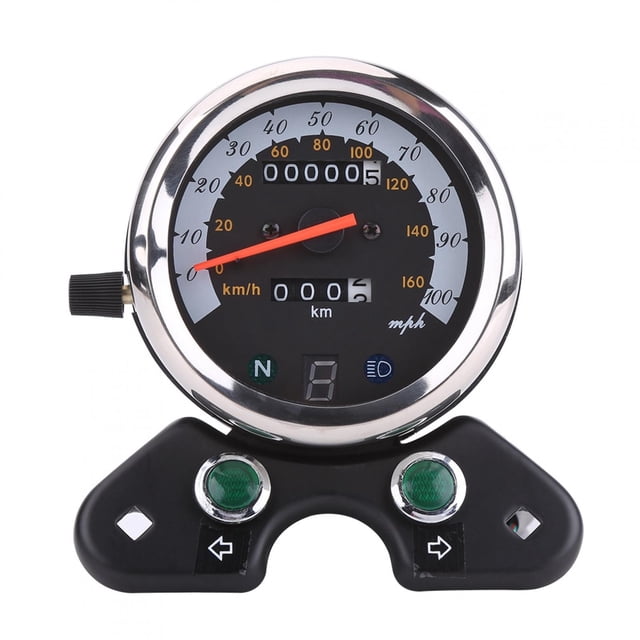 1 x velocímetro de motocicleta negro, vista frontal centrada de carátula redonda con aro cromado y aguja naranja; odómetro digital, indicador km/h y mph, pantalla de marcha con luz neutra 'N', indicador de señal de giro y dos testigos verdes en base negra. Montaje aprox. 95 x 105 mm, distancia de orificio 95 mm; adecuado para retrofit en cafe racer y proyectos personalizados.