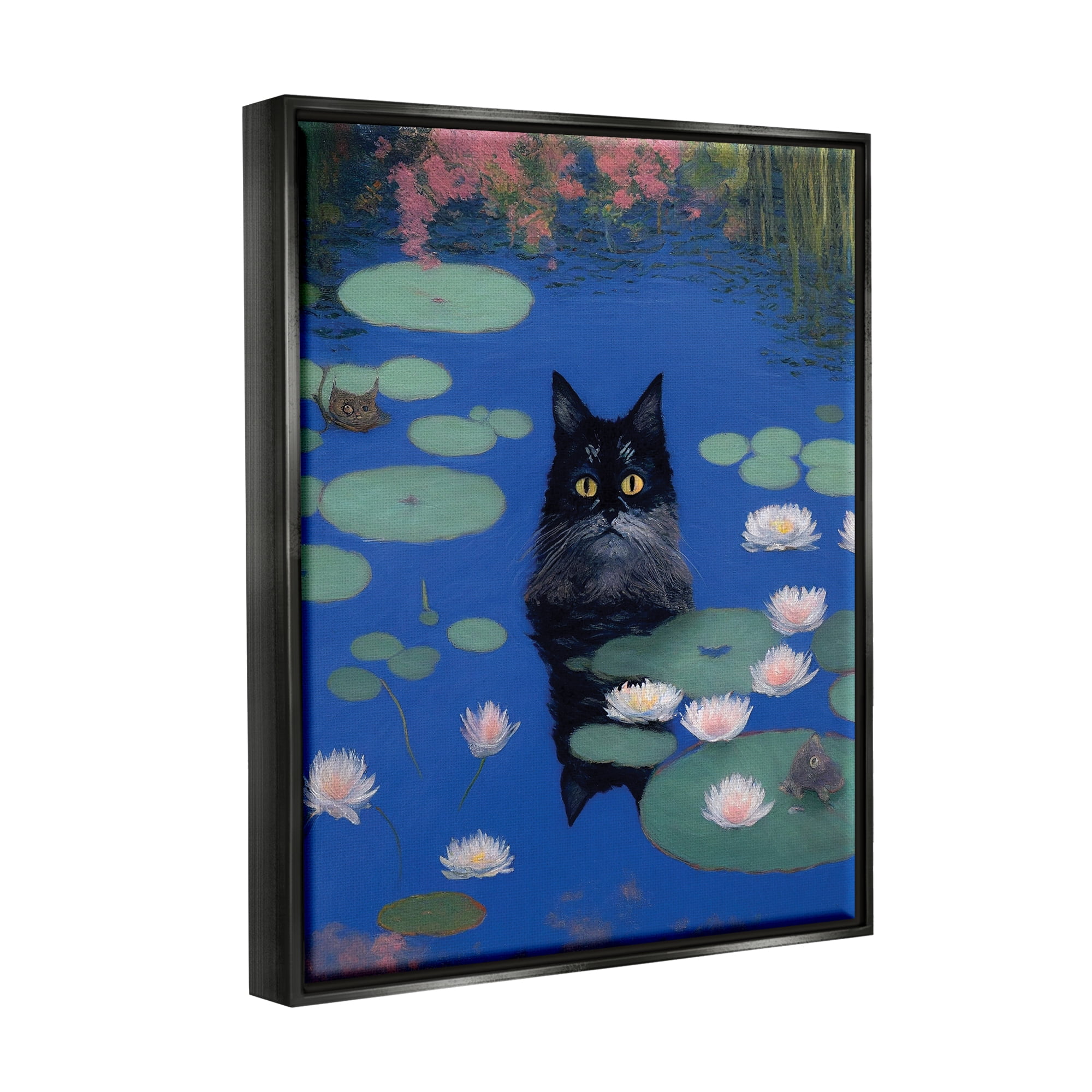 Stupell Industries Black Cat in Pond Animals & Insects Painting Black Floater Framed Canvas Art Print Wall Art, 17 x 21