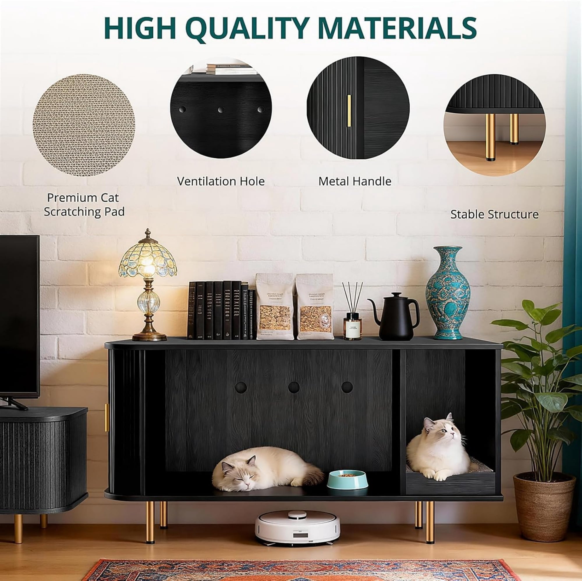 Cat Litter Box Enclosure Furniture with Sliding Door, Hidden Cat House Cabinet with Scratch Pad, Modern TV Stand Side Table, Black