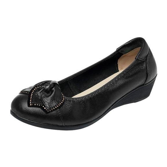 Lovskoo 2024 Women's Flats Shoes Soft Leather Diamond-Bow Penny Loafers Slip-On Shoes Black